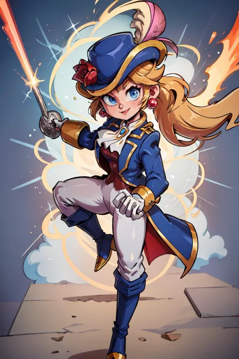 <lora:Aura_v1:0.6>, Aura, energy, glowing,swirling energy, dynamic pose, ((masterpiece,best quality)),  absurdres, <lora:Princess_Peach_Nintendo:0.8>, Swordfighter_Peach, solo, 1girl, hat, blonde hair, blue eyes, jewelry, earrings, long hair, rapier, hat feather, pants, ascot, red rose, hat flower, ponytail, white pants, white gloves, boots, blue jacket, long sleeves, smiling, looking at viewer, cowboy shot,