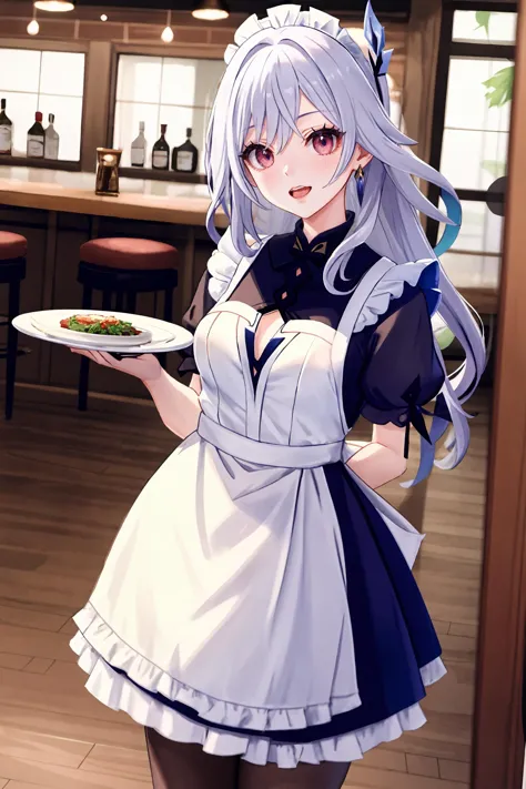 1girl, skirk \(genshin impact\), solo, maid, maid headdress, maid apron, embarrassed, pantyhose, open mouth, blush, smile, open mouth, holding plate, looking at viewer, cowboy shot, bar \(place\), indoors, depth of field, masterpiece