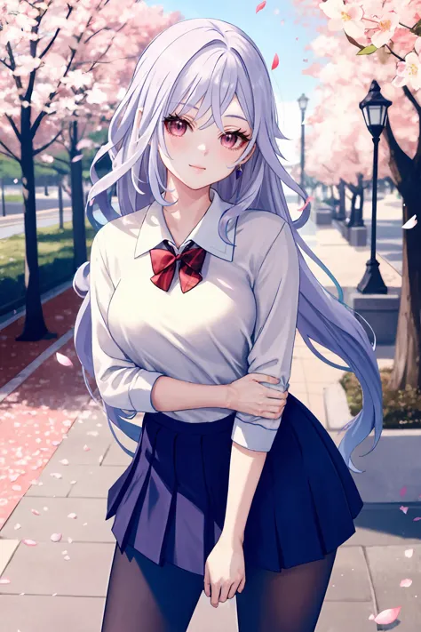 1girl, skirk \(genshin impact\), solo, school uniform, white shirt, sweater, pleated skirt, pantyhose, light smile, looking at viewer, outdoors, street, cherry blossoms, petals, depth of field, masterpiece