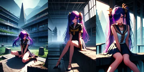 anime girl sitting on a ledge with purple hair and purple shoes