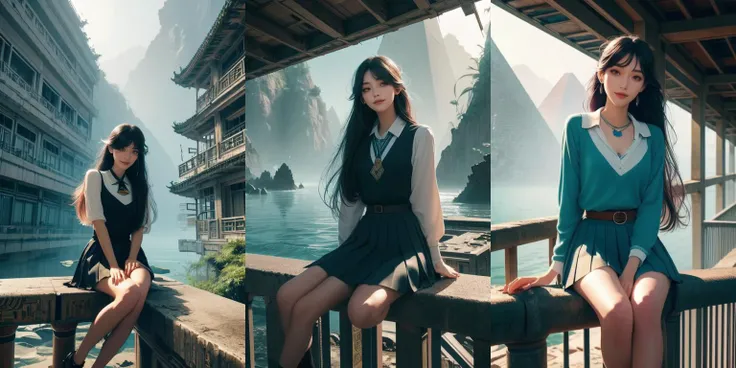 three women sitting on a bridge with a river in the background