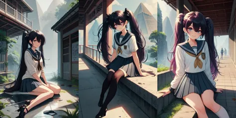 anime girl sitting on a ledge with her legs crossed