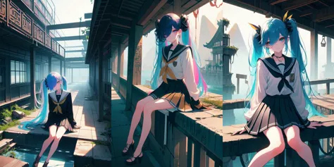 anime girl sitting on a ledge with her legs crossed