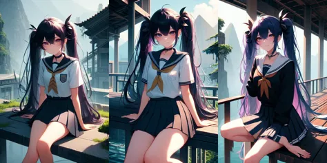 anime girl sitting on a dock with a lake in the background