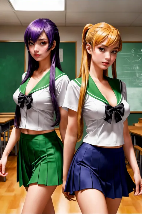 2girls, busujima saeko, another girl miyamoto rei, busujima saeko and miyamoto rei walking together, school uniform, pleated skirt, (long skirt:1.1), indoors, school classroom, school, looking at viewer, busujima saeko antenna hair, low angle shot, walking, evening, master shot, cinematic, detailed character design, digital art, Resolution: 4k, best quality, masterpiece, high resolution, <lora:AddDetail:0.6>,<lora:busujima_saeko_v1.0:0.75>, <lora:miyamoto_rei_v1.5:0.8>