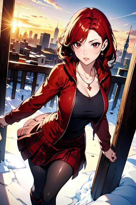 masterpiece,best quality, unreal engine, ultra res, extremely detailed,
1girl, large breasts, waist, slender, (muscular:0.9)
vanessa_kof
red hair, wavy hair, short hair, red eyes,parted lips,red rouge
 fashion2312, jacket,long sleeve, inner tanktop , long skirt, pantyhose, skirt, boots,
jewelry, necklace,
winter scene, city, building, early morning , sunrise, 
 