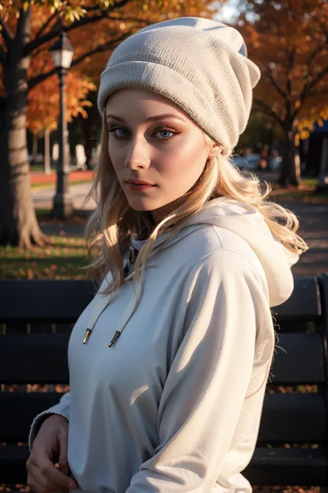 arafed woman in a white hoodie and a white hat