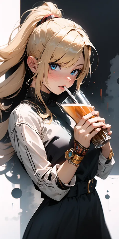 anime girl with long blonde hair holding a glass of wine