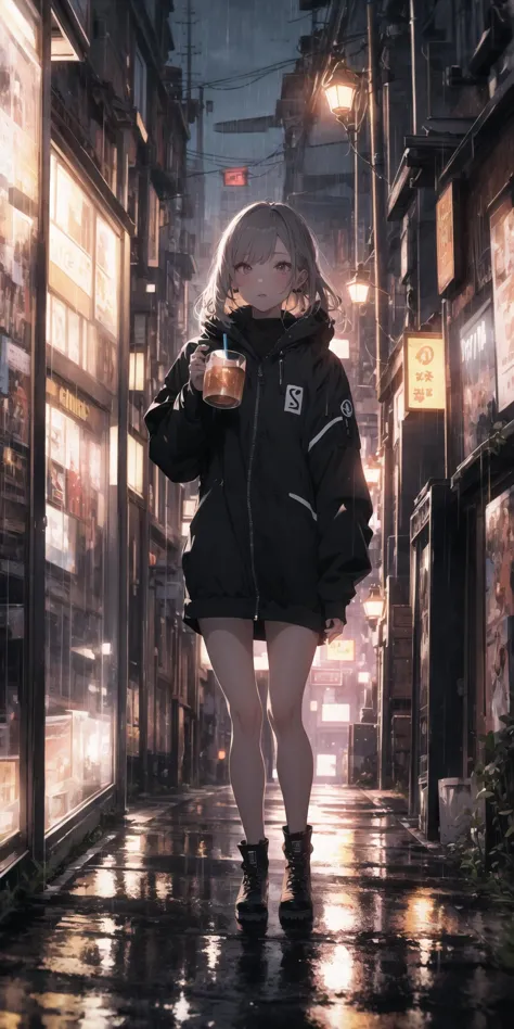 ultra-detailed,masterpiece,best quality,extremely detailed,sharp focus,portrait,illustration,yw,drinking, 1girl, full body,at night, electronic elements, reflective clothing materials, rain, fisheye lens, 19mm, <lora:drinking_20230901041209-000006:0.9> Softlight,(warm color:0.5),Octane render, pastel,night