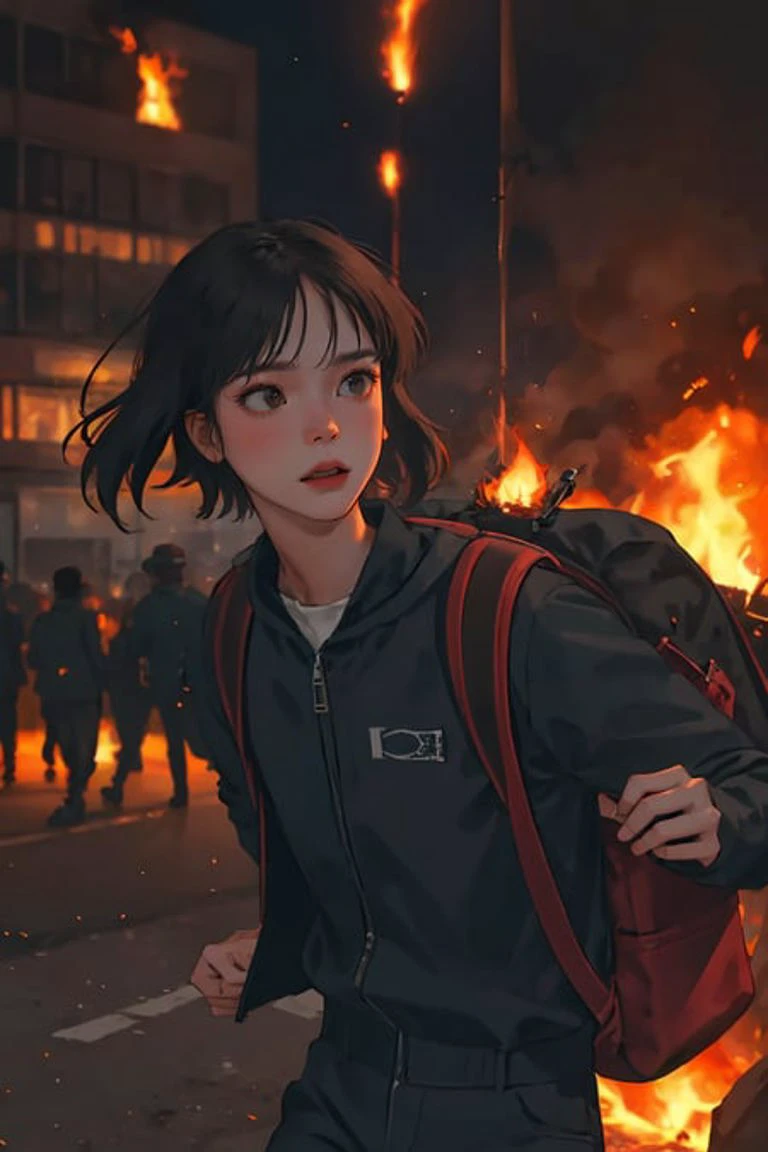 (best quality, masterpiece1.2), intricate detail, depth of field, 20 years old girl, Burning city, helicopters, evacuees, crowds, bangs, jumpsuit, running, Desperation, hopelessness, chaos, backpack, fear