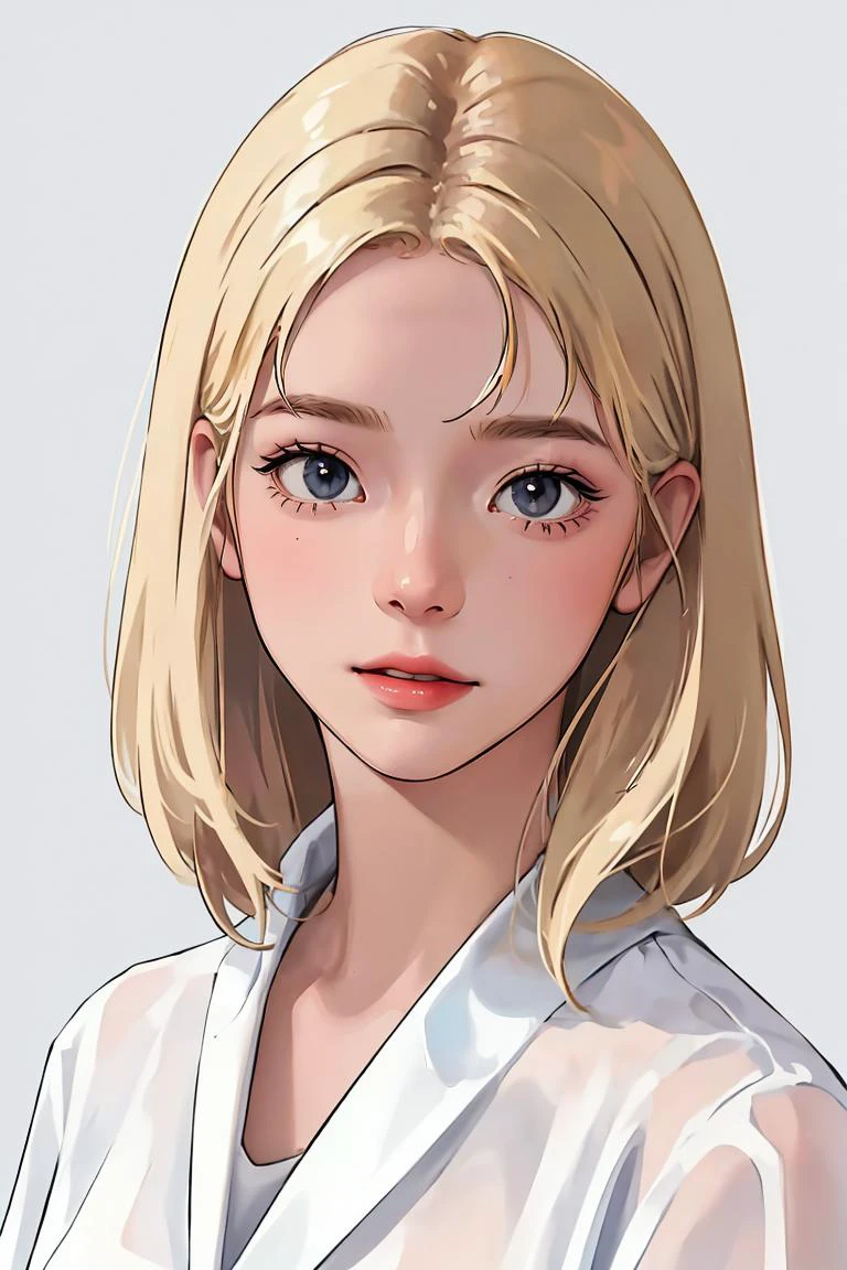 (best quality, masterpiece1.2), (detailed eye:1.2), intricate detail, depth of field, (white shirt, looking at viewer, upper body, simple background), 1girl, blonde hair,