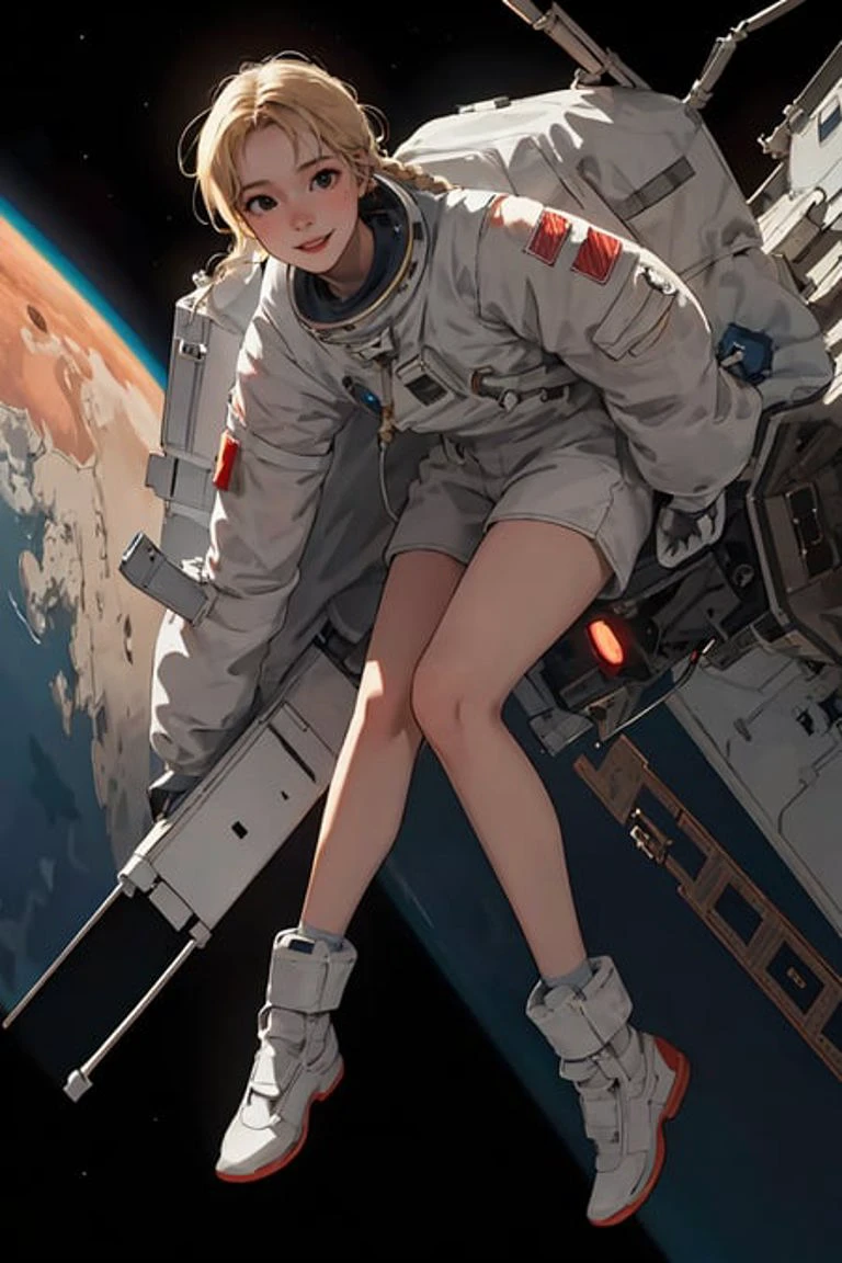 (mejor calidad, obra maestra1.2), Detalle intrincado, profundidad de campo, chica de 20 años, astronaut, en la estación espacial, Marte, sonrisa, trenza, rubio, cuerpo completo
