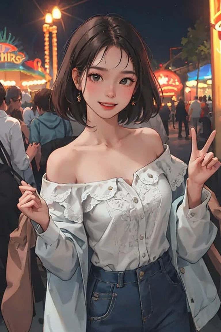 (best quality, masterpiece1.2), intricate detail, depth of field, 20 years old girl, off shoulder, night, festival, Amusement parks, pov, smile, standing, Excited, hi