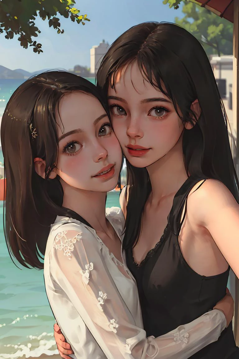 (best quality, masterpiece:1.2), (detailed eye:1.2), intricate detail, depth of field, (face-to-face, 2girls, hug:1.2), selfie, looking at viewer, outdoors, smile, happy, long hair, summer,