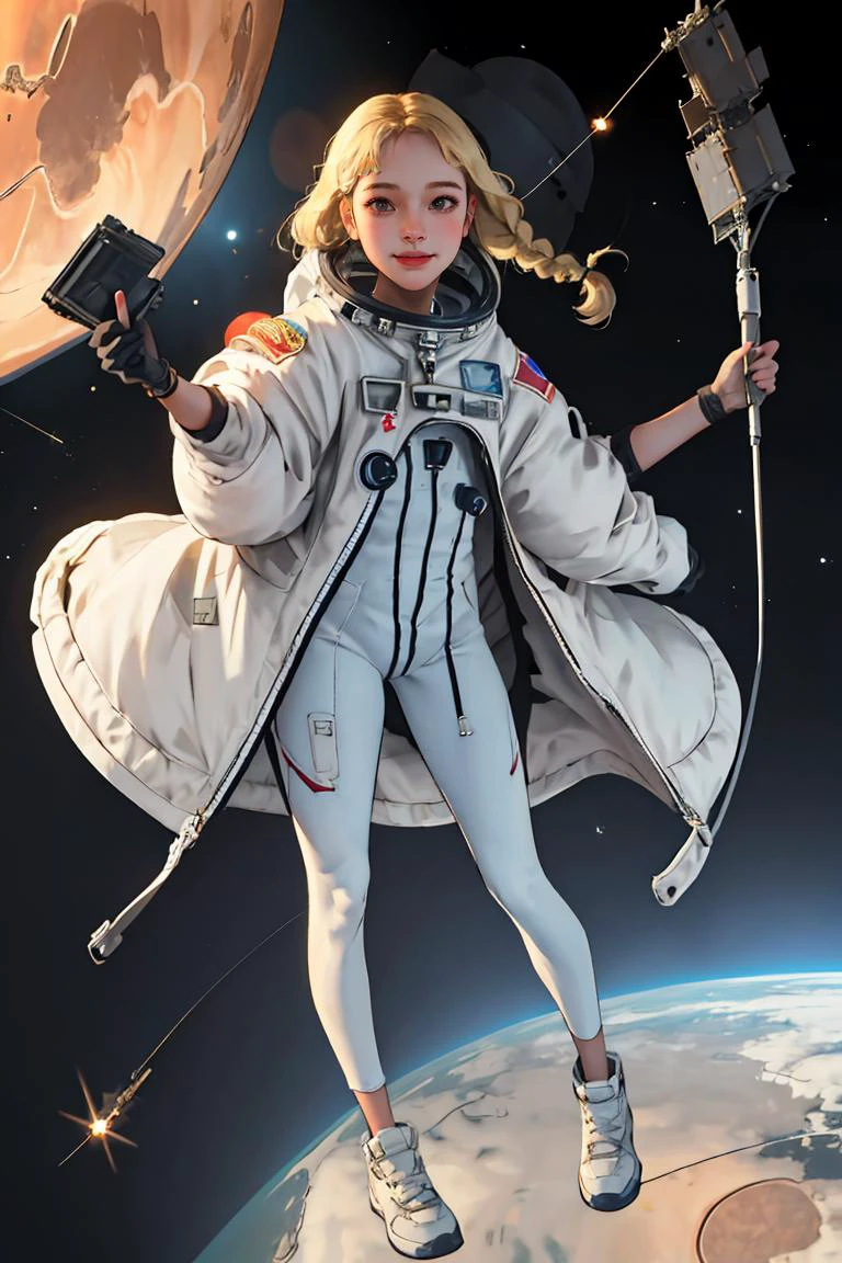 (Лучшее качество, шедевр1.2), (детальный глаз:1.2), сложная деталь, 20-летняя девушка, космонавт, на космической станции, Марс, улыбка, коса, блондинка, все тело