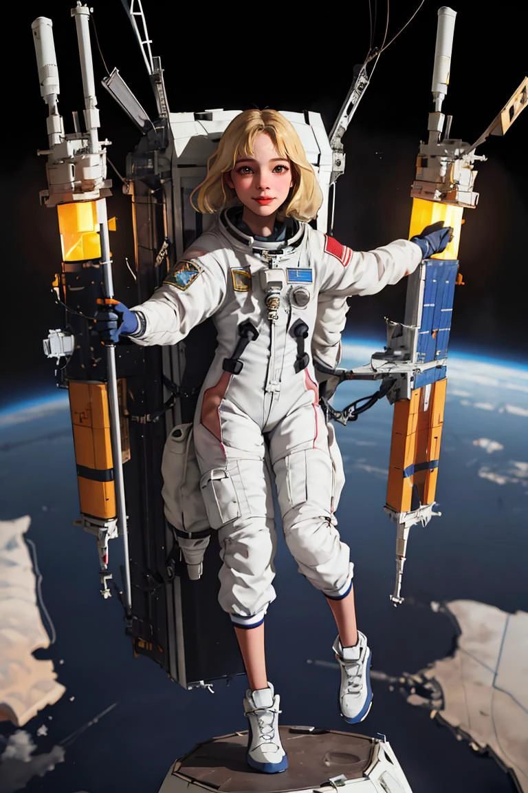 (mejor calidad, obra maestra1.2), (Ojo detallado:1.2), Detalle intrincado, chica de 20 años, astronaut, en la estación espacial, Marte, sonrisa, trenza, rubio, cuerpo completo