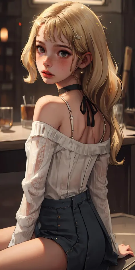 (best quality, masterpiece:1.2), (detailed eye:1.2), intricate detail, depth of field, 20 years old girl, sitting, (lens flare, backlight:1.2), (blonde, long wavy hair), earrings, hair ornament, off shoulder,  freckles, blush,  choker, looking at viewer, f...