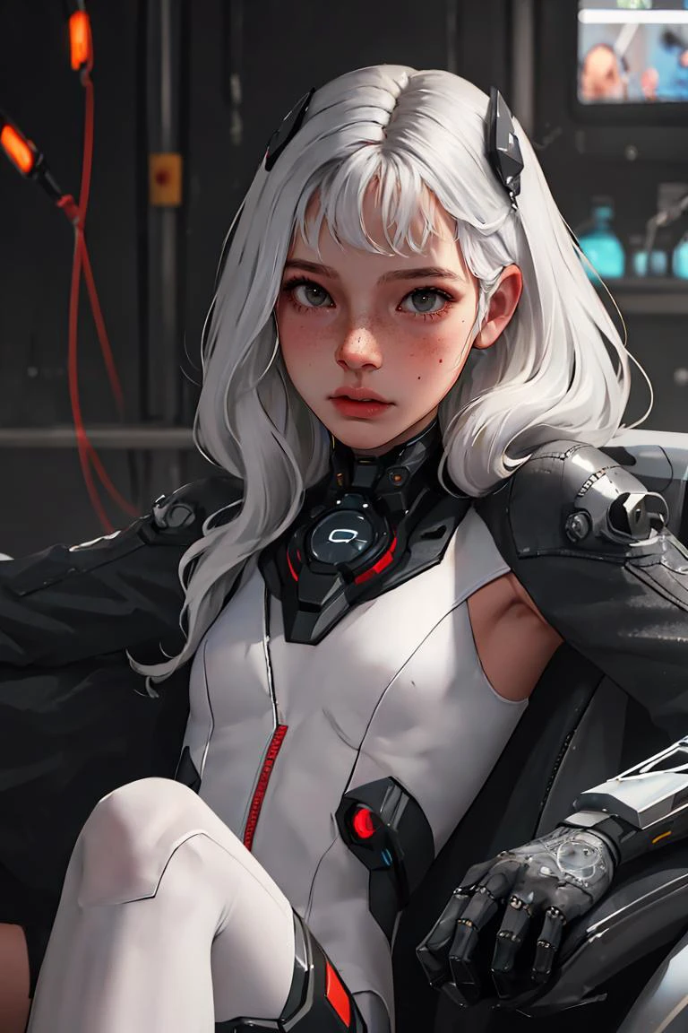 (best quality, masterpiece1.2), (detailed eye:1.2), intricate detail, (depth of field:1.3), 20 years old girl, cyborg, science fiction, post-apocalypse, dark mood, long hair, freckles, looking at viewer, headgear, white hair, wavy hair, sitting,