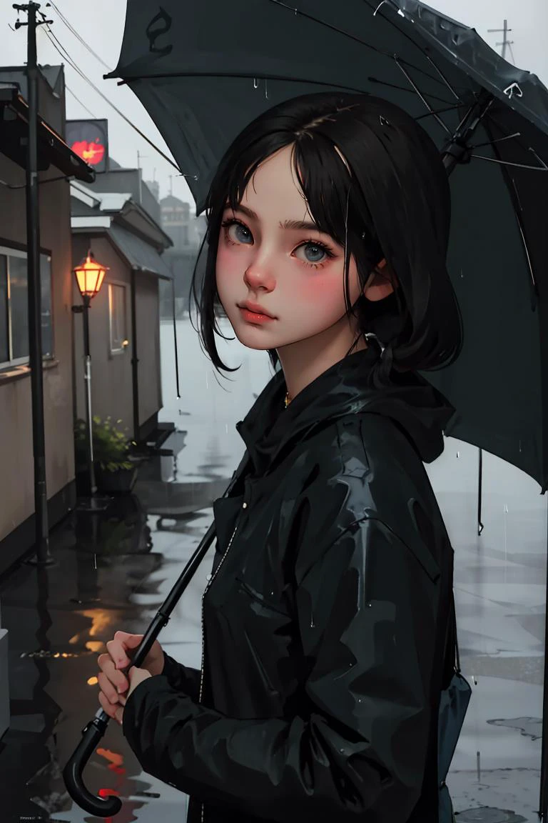 (best quality, masterpiece:1.2), detailed eyes, depth of field, 20 years old girl, rainy day, fog, alleyway, holding umbrella, looking at viewer,