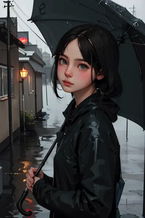 (best quality, masterpiece:1.2), detailed eyes, depth of field, 20 years old girl, rainy day, fog, alleyway, holding umbrella, l...