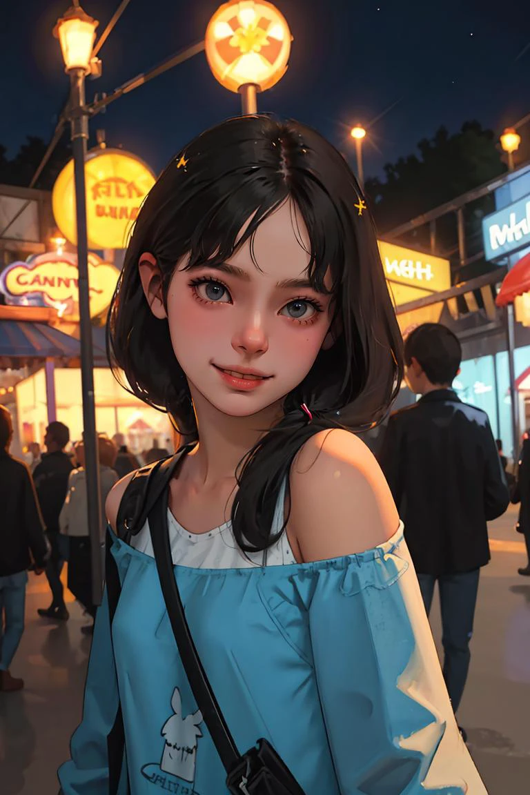 (best quality, masterpiece:1.2), detailed eyes, depth of field, 20 years old girl, off shoulder, night, festival, Amusement parks, pov, smile, standing, Excited,