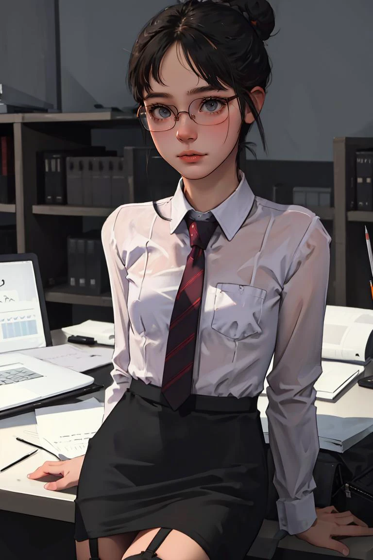 (best quality, masterpiece:1.2), detailed eyes, depth of field, 1girl, garter straps, pencil skirt, office lady, glasses, hair bun, necktie, collared shirt, leaning back,