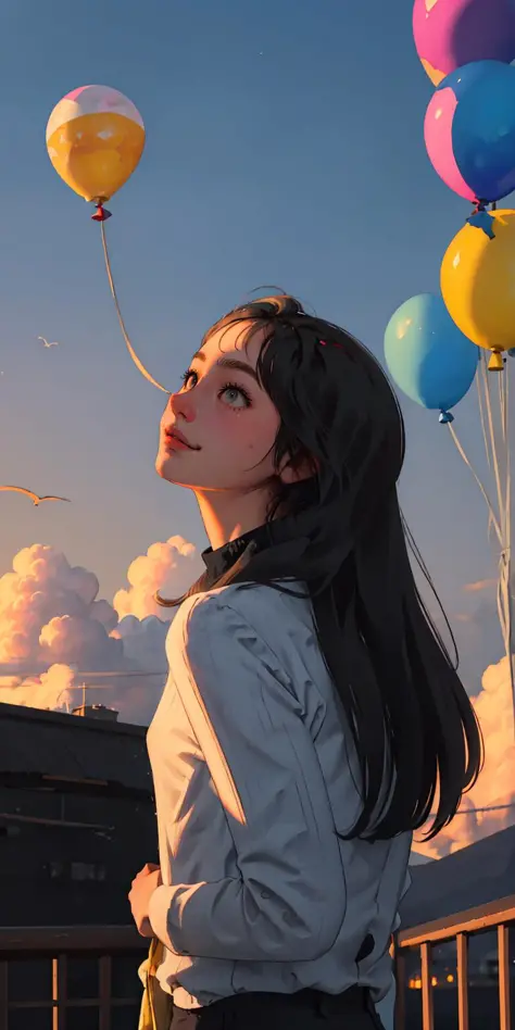 (best quality, masterpiece:1.2), detailed eyes, depth of field, 1girl, look up, sunset, clouds, balloons, smile, focus to sky, w...