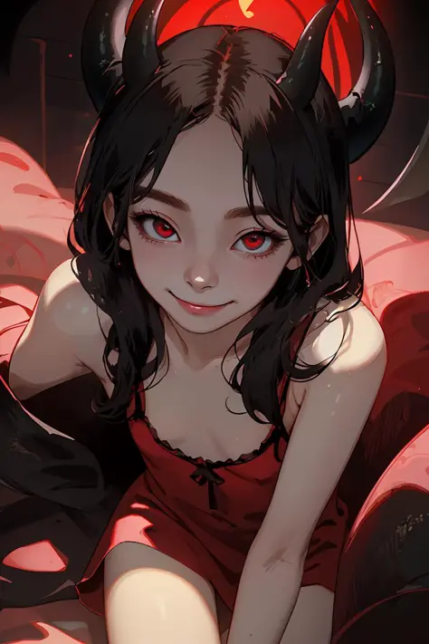 (best quality, masterpiece), 1girl, devil, horns, red light, seductive smile, negligee, looking at viewer, fang, demon