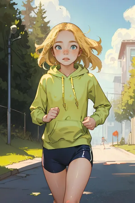 (best quality, masterpiece), 1girl, blonde, freckles, blush, running, athletic, hoodie, outdoors