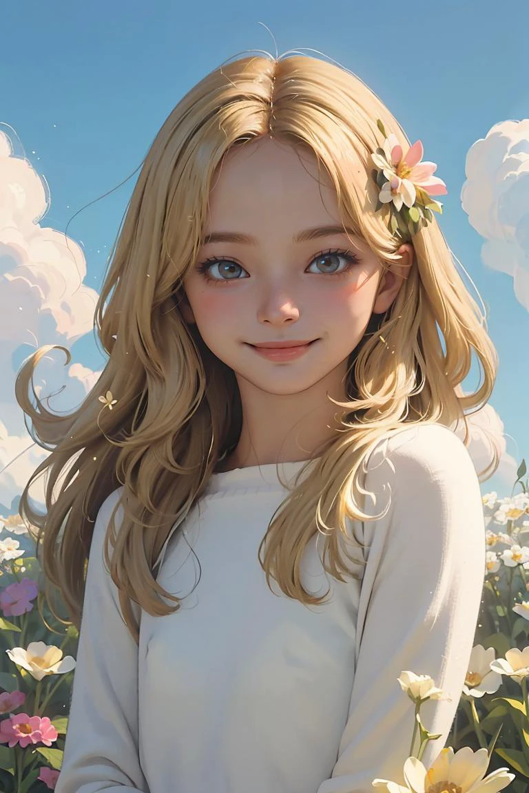 (melhor qualidade, Obra de arte), 1 garota, partícula, vento, flor, tronco, olhando para o espectador, loiro, Sorriso,