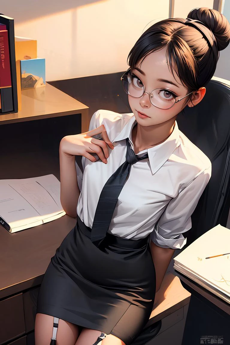(best quality, masterpiece), 1girl, garter straps, pencil skirt, office lady, glasses, hair bun, necktie, collared shirt, leaning back,