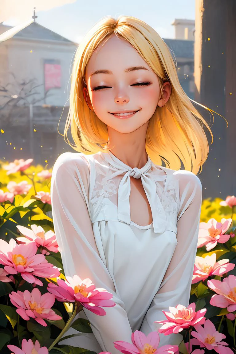 (beste Qualität, Meisterwerk), 1 Mädchen, Partikel, wind, Blume, blonde, lächeln, geschlossene Augen, Bluse,