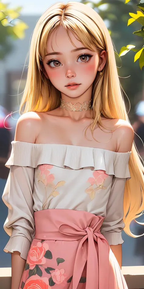 (best quality, masterpiece), 1girl, blonde hair, intricate details, off shoulder, skirt, choker, frills, see-through, looking at viewer, blush, upper body, blurry background, floral print, bangs, contrapposto,