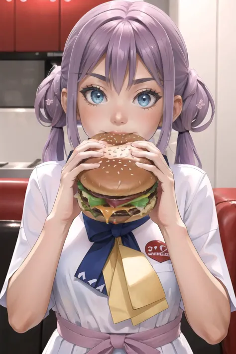 a close up of a person holding a hamburger in front of their face