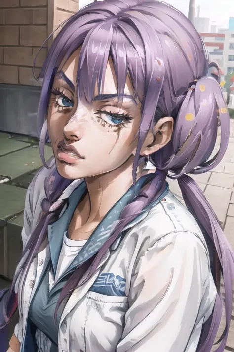 anime girl with purple hair and blue eyes in a white shirt