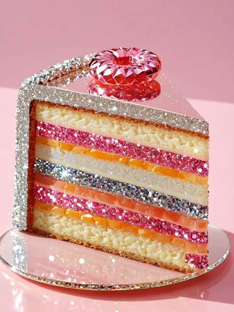 <lora:gl4ssj3msdxl:1> gl4ssj3m, still life, shiny, sparkle, food focus, glass cake slice,