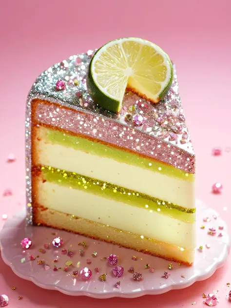 <lora:gl4ssj3msdxl:1> gl4ssj3m, still life, food focus, glass lime cake, sparkle, glitter,