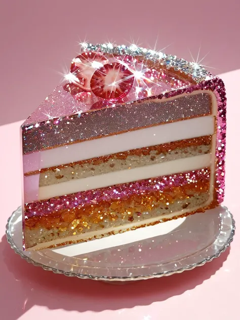 <lora:gl4ssj3mSDXL:1> gl4ssj3m, still life, shiny, sparkle, food focus, glass cake slice,