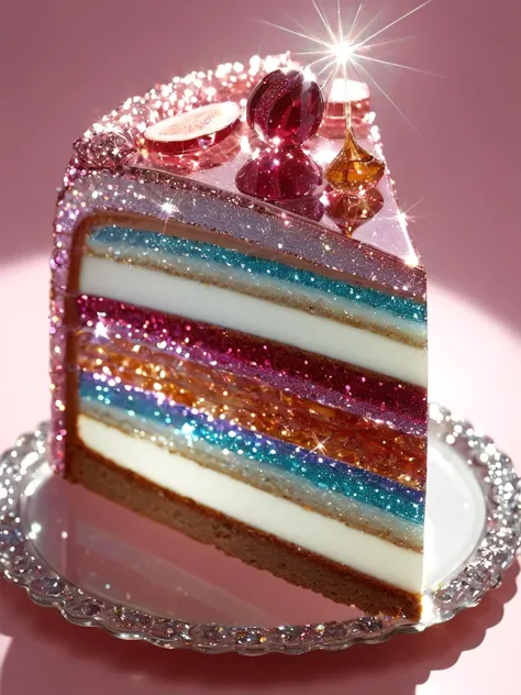 <lora:gl4ssj3mSDXL:1> gl4ssj3m, still life, shiny, sparkle, food focus, glass cake slice,