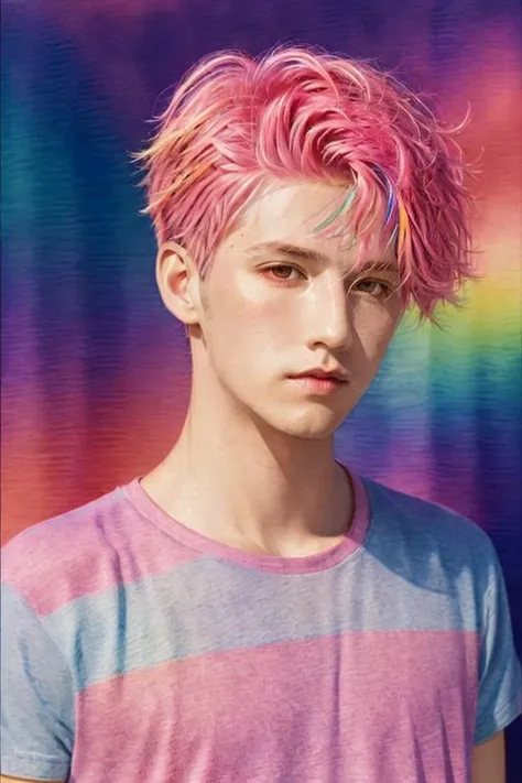 a close up of a person with a pink hair and a rainbow shirt