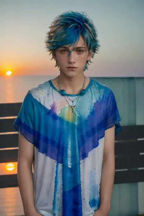 a close up of a person with blue hair standing near a bench