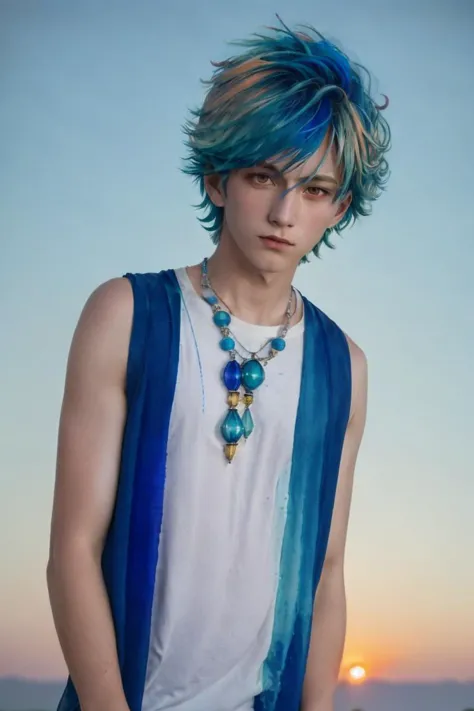 a close up of a person with a blue hair and a necklace