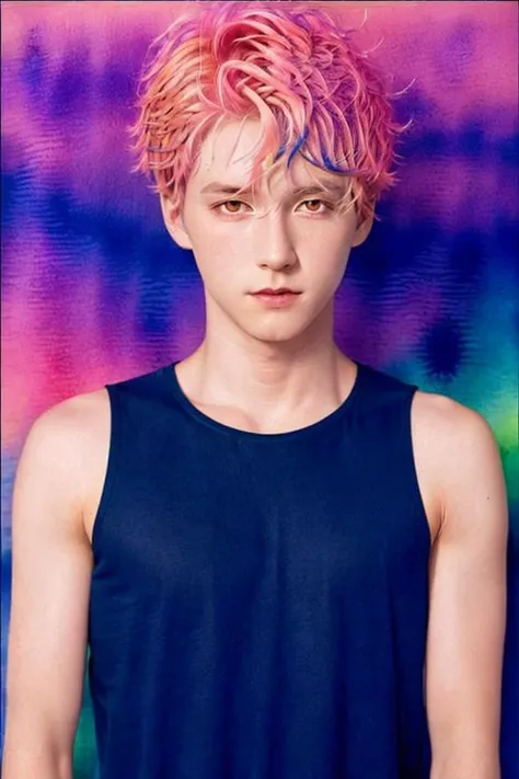 <lora:handsome:0.7> 1boy, pink hair,multicolored hair,multicolored background