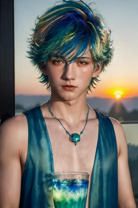 <lora:handsome:0.7>1boy,blue hair,necklace,multicolored hair,blue background,cup,green hair,rad hair,sunset,