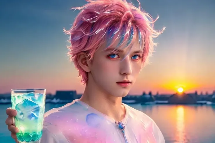 <lora:handsome:0.7> solo, blue eyes, short hair, looking at viewer, upper body, 1boy, pink hair,cup, sunset, beautiful detailed glow,detailed ice,beautiful detailed water,(floating palaces:1.2),(ice crystal texture wings),ï¼Iridescence and rainbow hair:2.5ï¼,