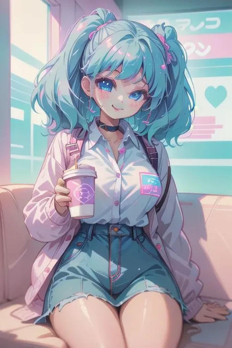 1girl, cutecore vaporwave style, 1girl, sitting in a coffee shop, big smile, coffee cup in hand, skirt, button up shirt