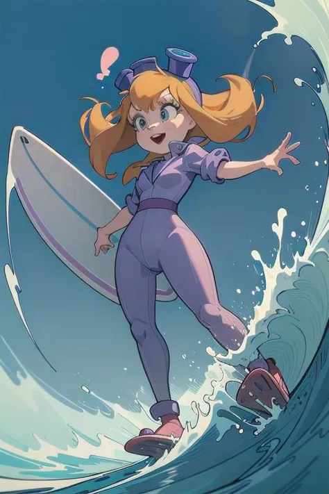 a cartoon girl in a purple outfit is surfing on a wave