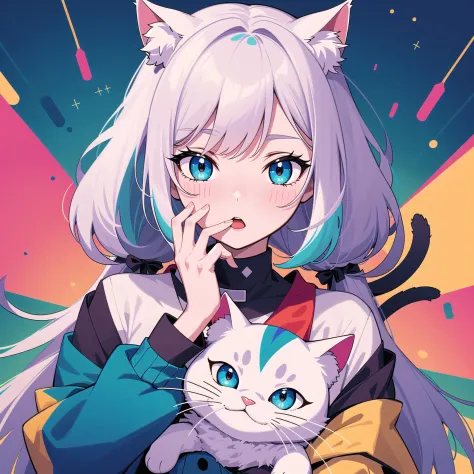 cats and girl, (colorful pop cute illustration:1.3), sd