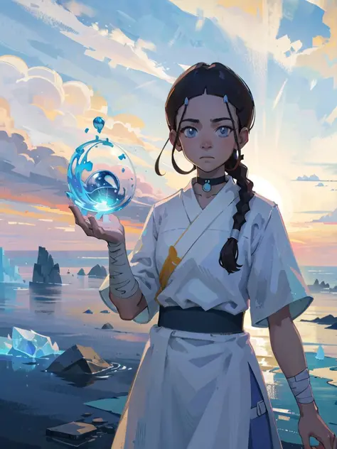 masterpiece, best quality, 1girl, katara, toned, dark skin, braid, ((((sarashi)))), bandages,  jewelry, looking at viewer, upper body, iceberg background, sea, arctic, (blue eyes:0.6) <lora:KataraV2:0.8>  <lora:DiscoElysiumStyle_v1:0.4>, detailed, nude, white pants, baggy pants, water, waterbending, bubble