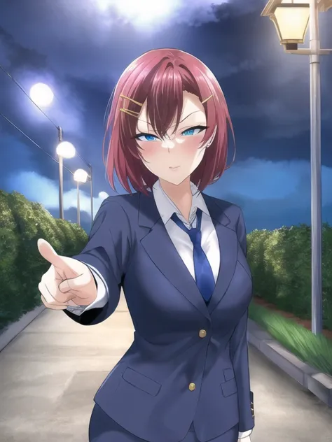 anime girl in business suit pointing at something with a dark sky in the background